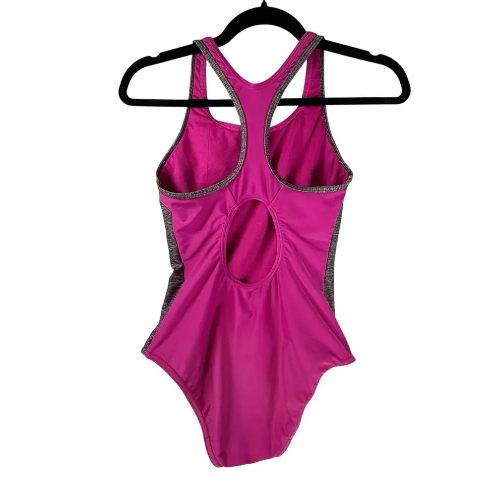SPEEDO Girls SIZE 14 Fuchsia Pink Gray 1Piece Racerback Sporty Swimsuit Silicone